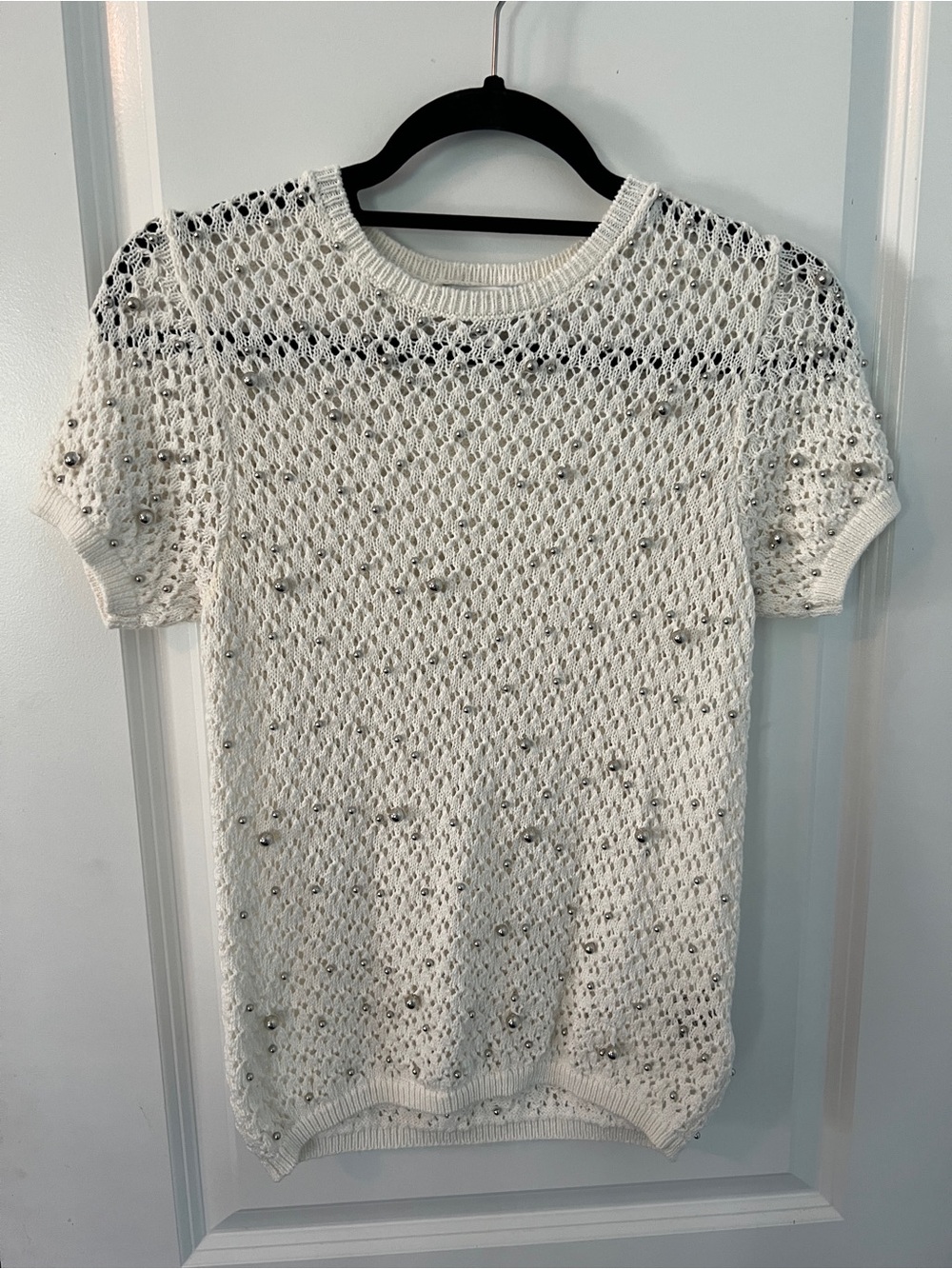 Jason Wu White Open-Knit Short Sleeve Sweater with Bead Accents